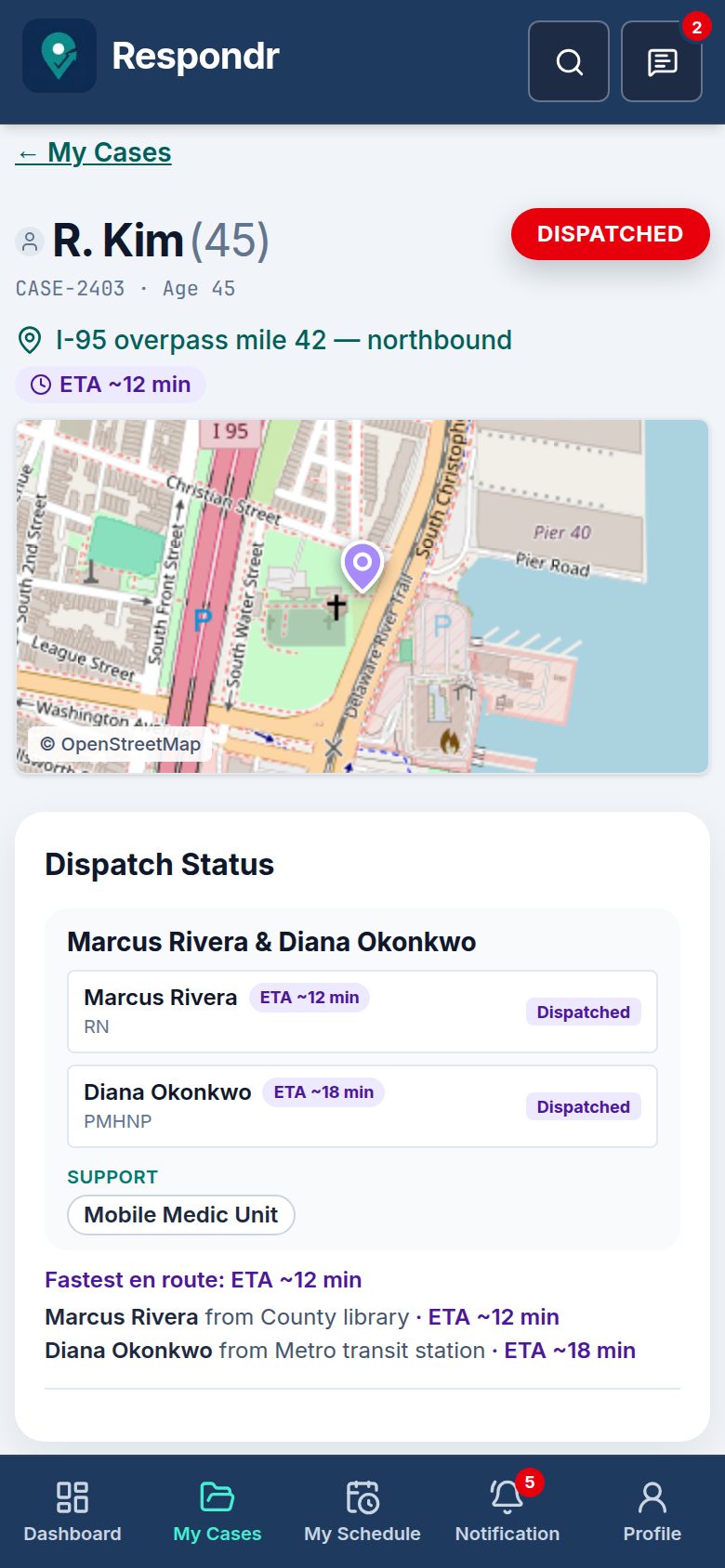 Respondr CAT case on a phone: incident map, ETA ~12 min badge, and per-member en-route times.