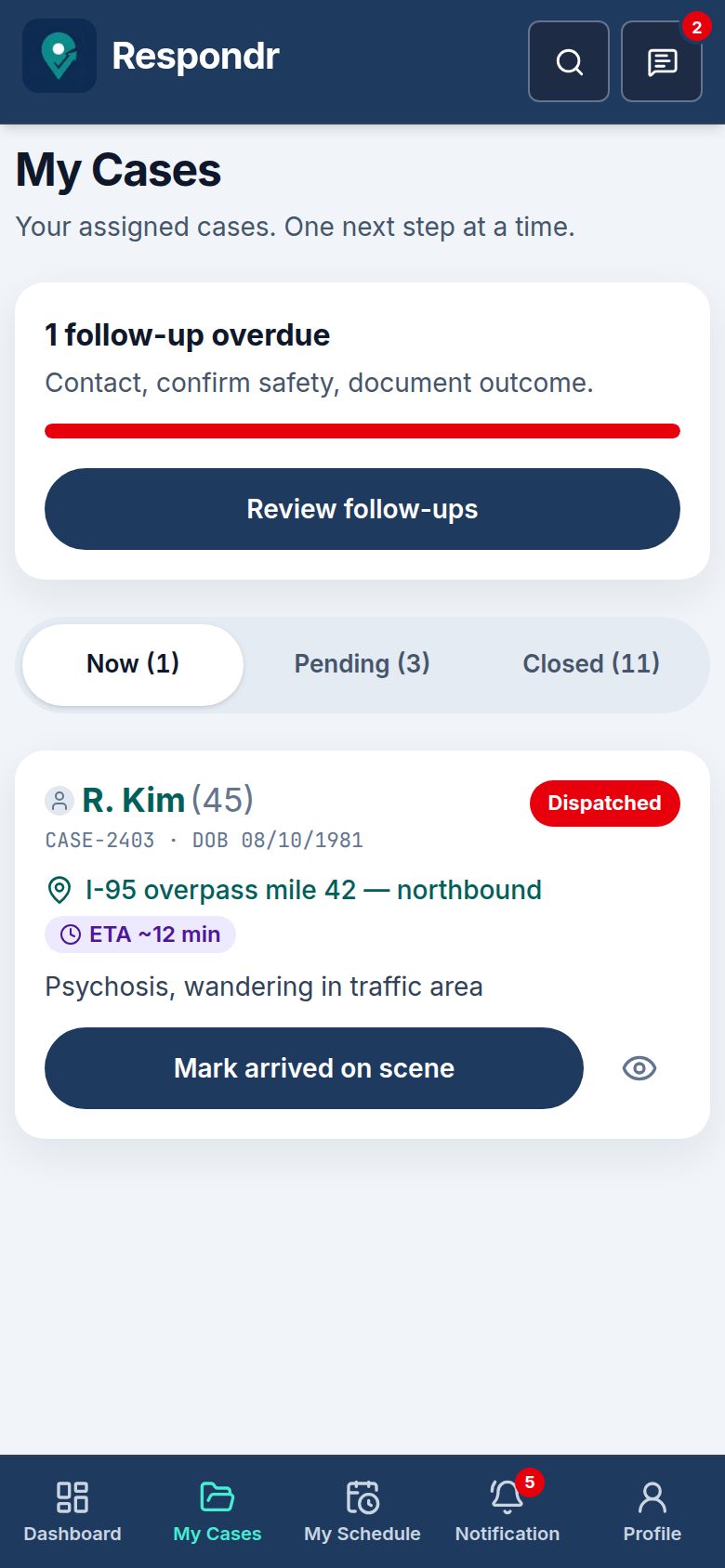 Respondr CAT My Cases on a phone: single-column cards with status pills and Accept dispatch.