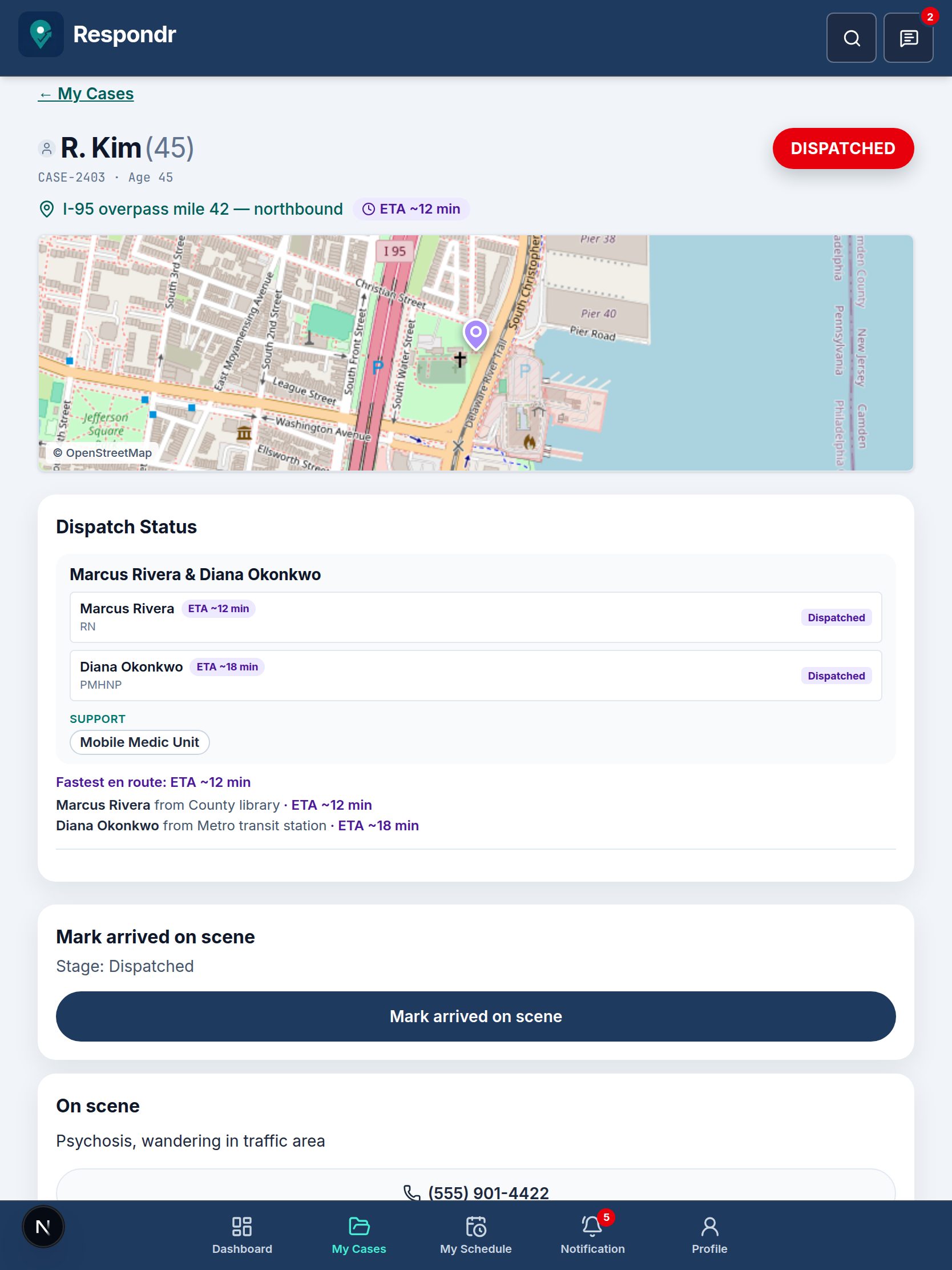 Respondr CAT case on a tablet: larger incident map, Dispatch Status, and ETA for each en-route member.
