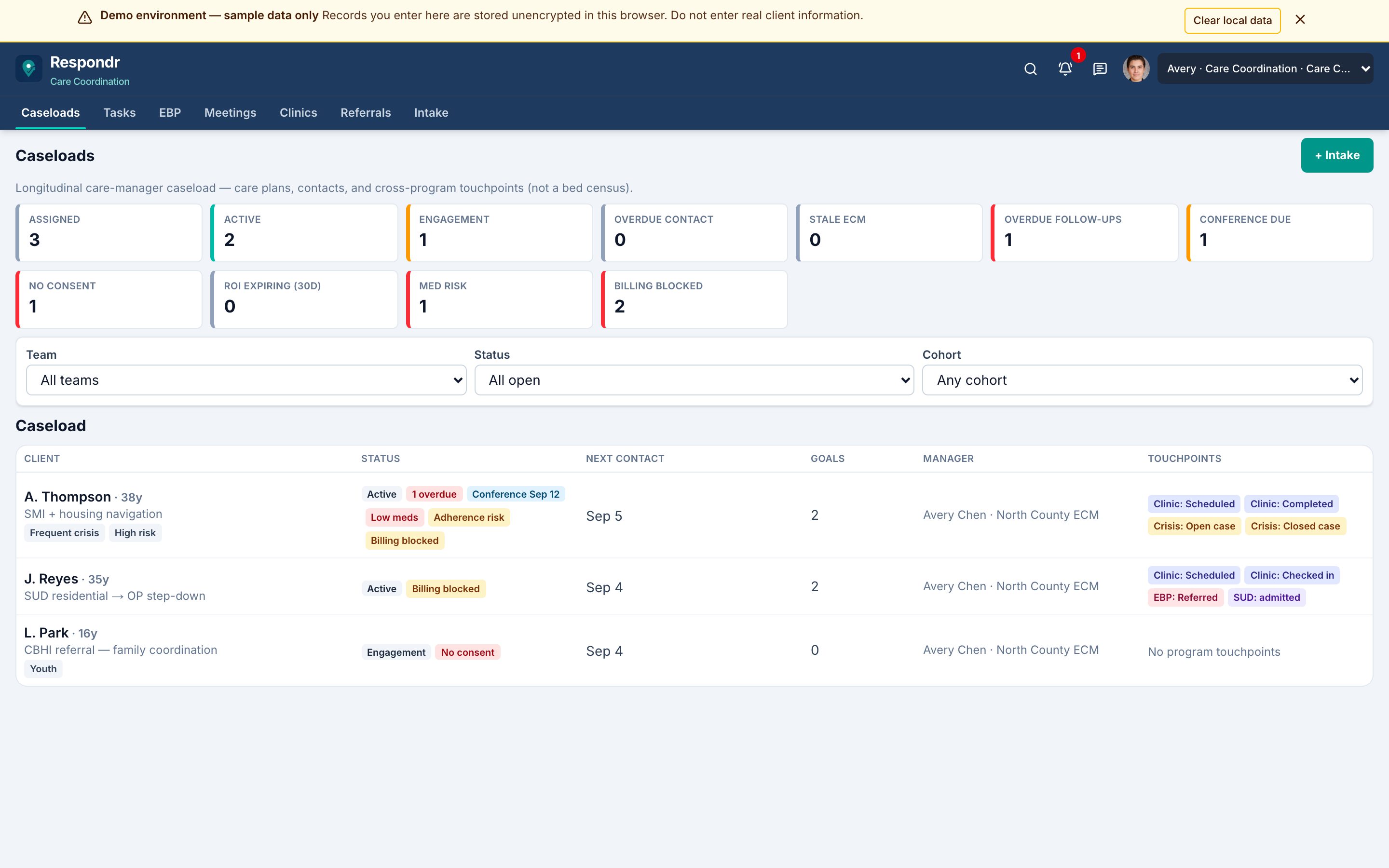 Respondr Care Coordination caseload with enrolled clients and program chips.