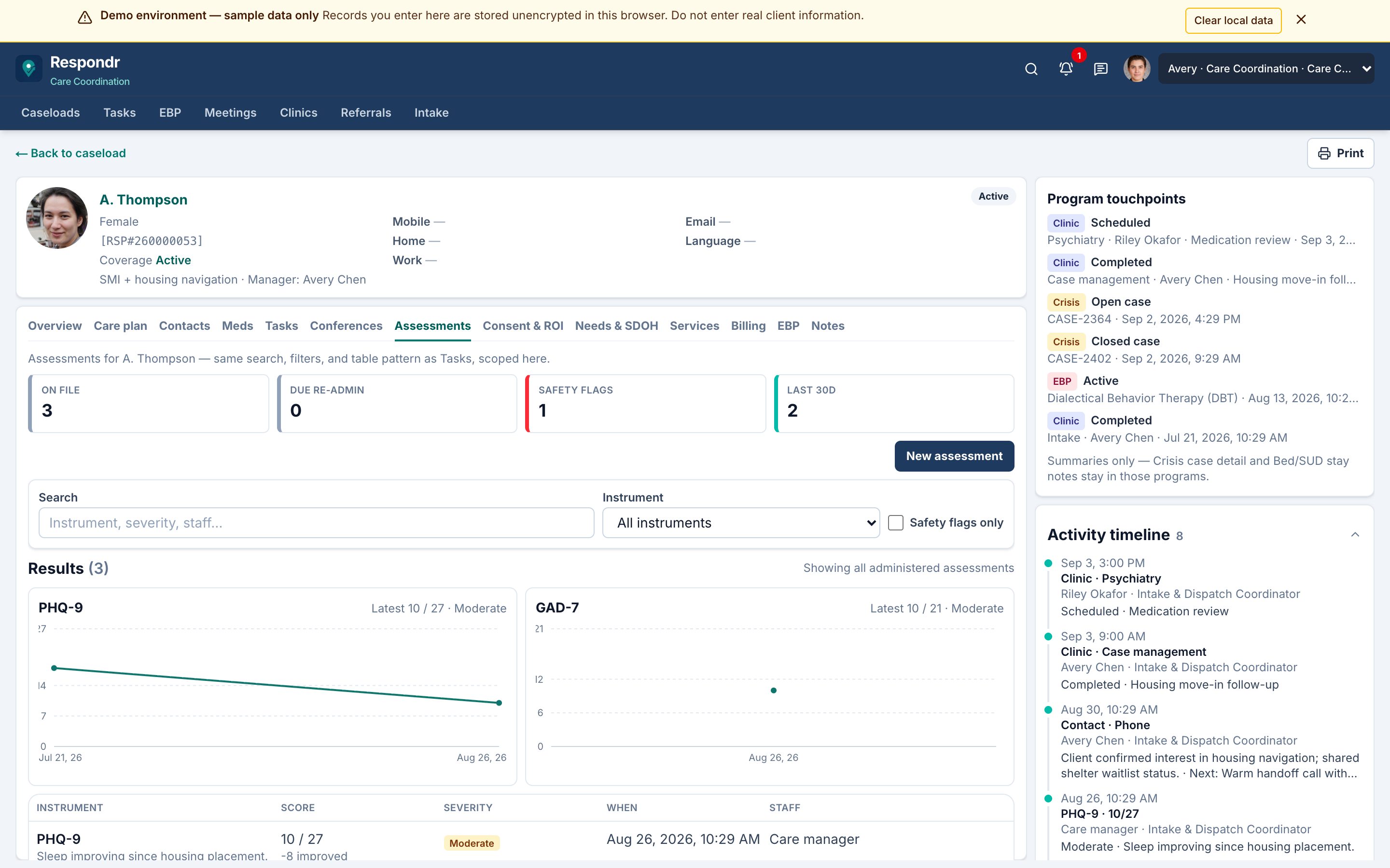 Respondr client chart Assessments tab with PHQ-9 and GAD-7 history.
