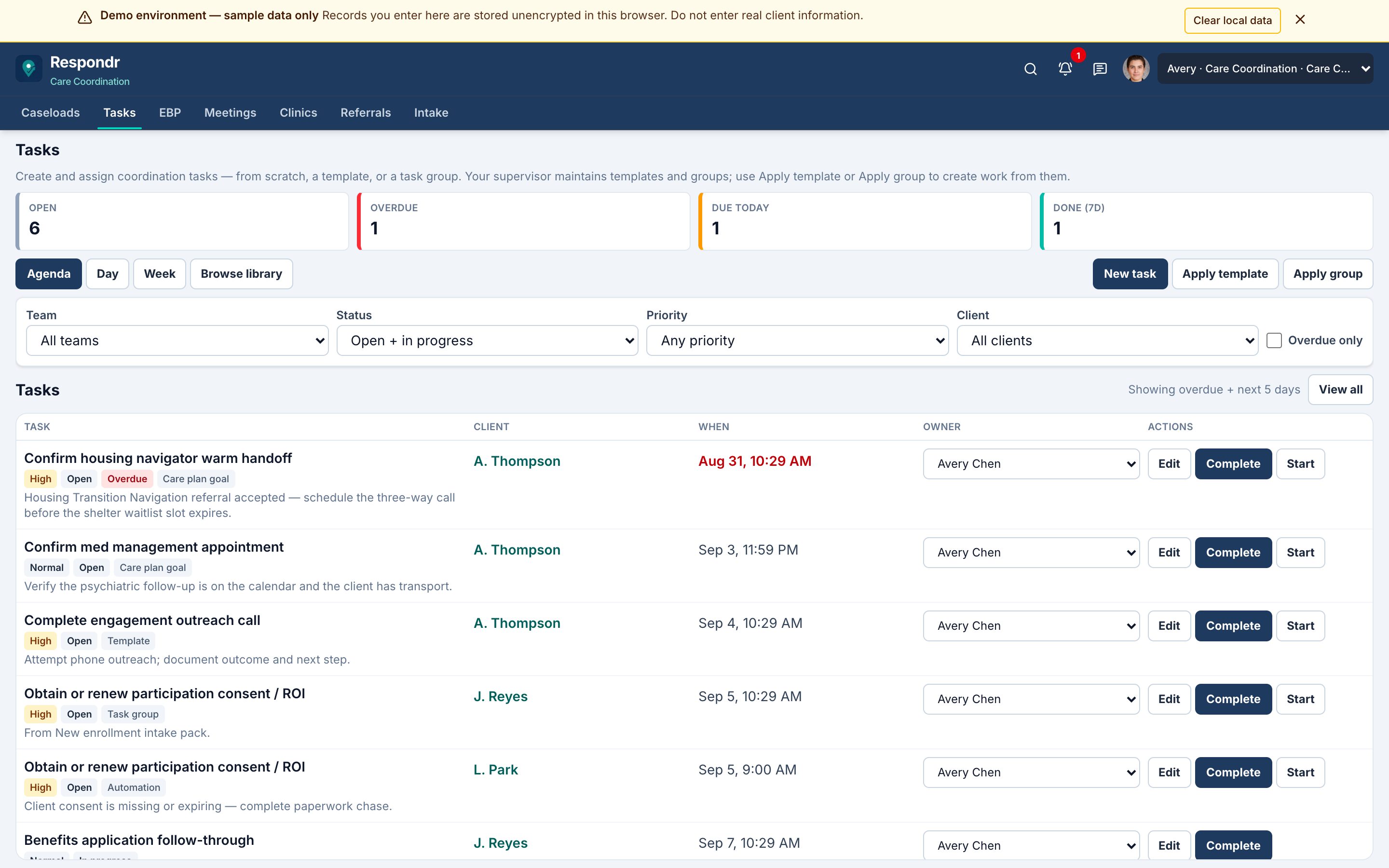 Respondr Care Coordination tasks board with outreach and care-management work.