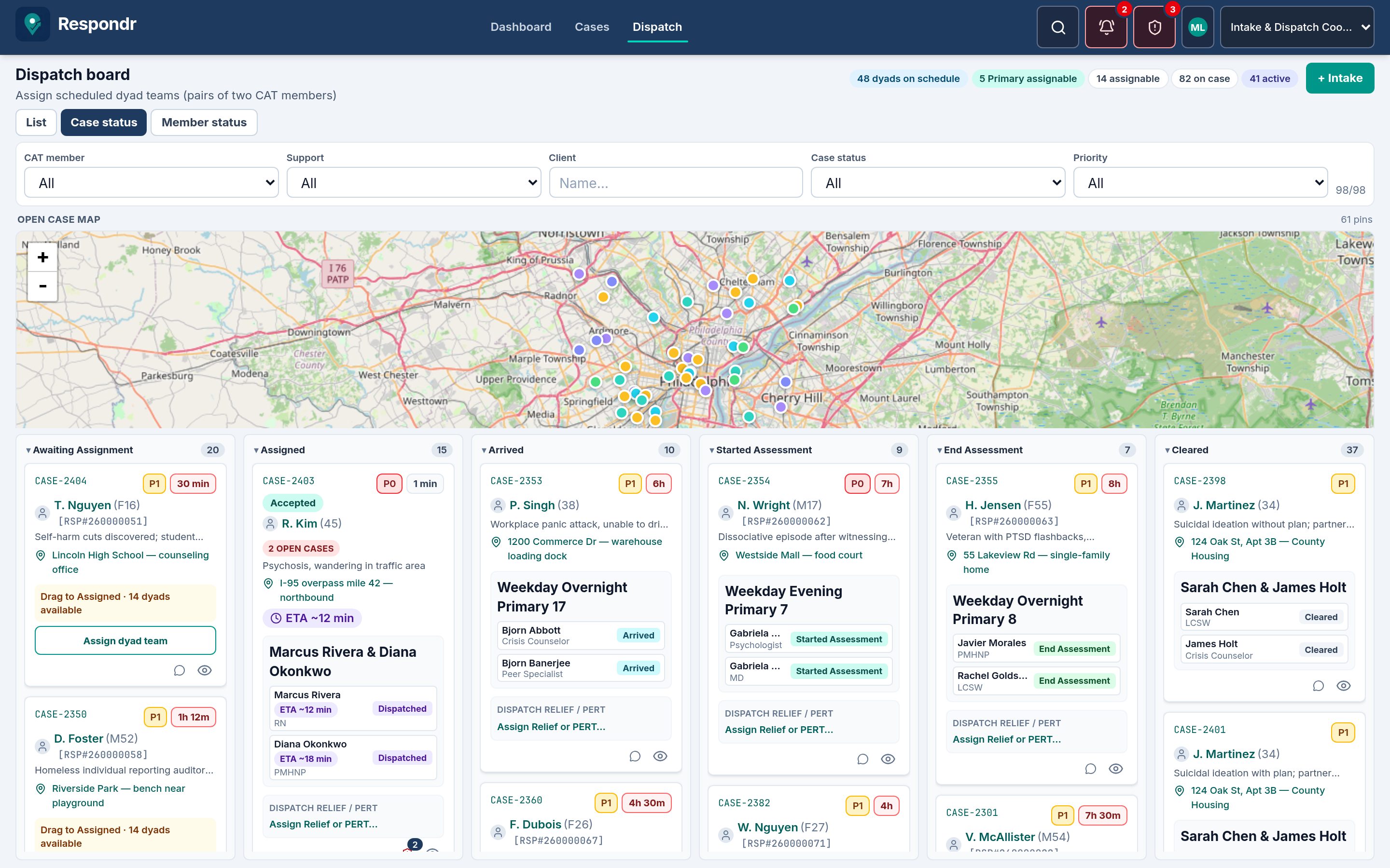 Respondr.care dispatch board with an open case map and columns from awaiting assignment through cleared.