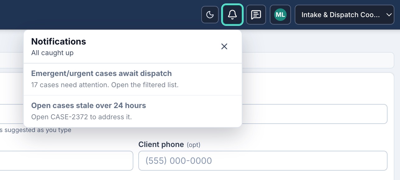 Respondr.care My Cases with the notifications panel open, showing follow-ups and a time-off decision.